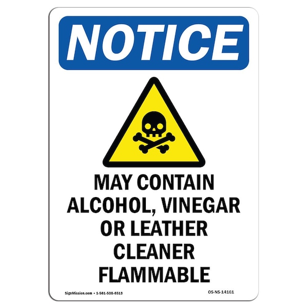 Safety Sign, OSHA Notice, 5" Height, May Contain Alcohol Sign With Symbol, Portrait, 10PK